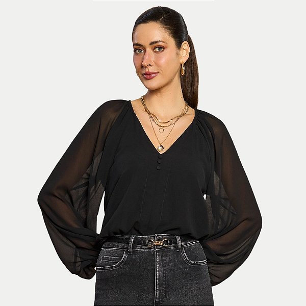 BLUSA DOCE TRAMA MANGA LONGA POLIESTER PRETO FEMININO ADULTO