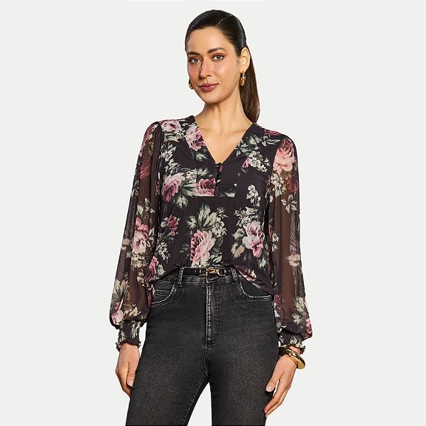 BLUSA DOCE TRAMA MANGA LONGATULE ESTAMPADA PRETO FEMININO ADULTO
