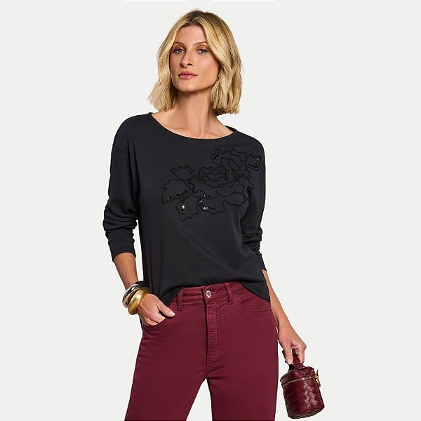 BLUSA DOCE TRAMA MANGA LONGA MALHA PRETO FEMININO ADULTO