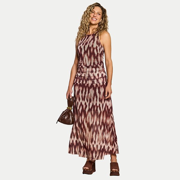 VESTIDO DOCE TRAMA REGATA TULE ESTAMPADO MARROM FEMININO ADULTO