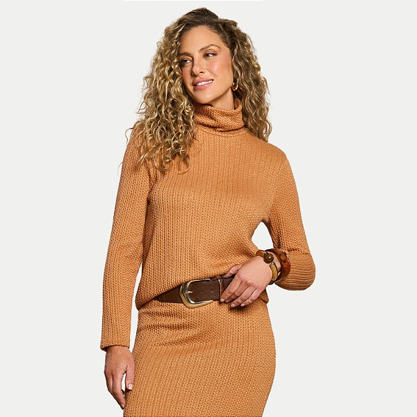 BLUSA DOCE TRAMA MANGA LONGA TRICO GOLA ALTA CARAMELO FEMININO ADULTO