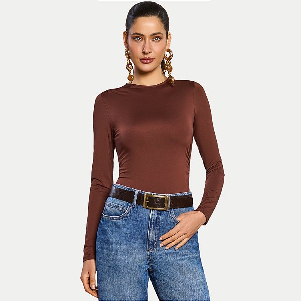 BLUSA DOCE TRAMA MANGA LONGA BODY MALHA CAFÉ FEMININO ADULTO