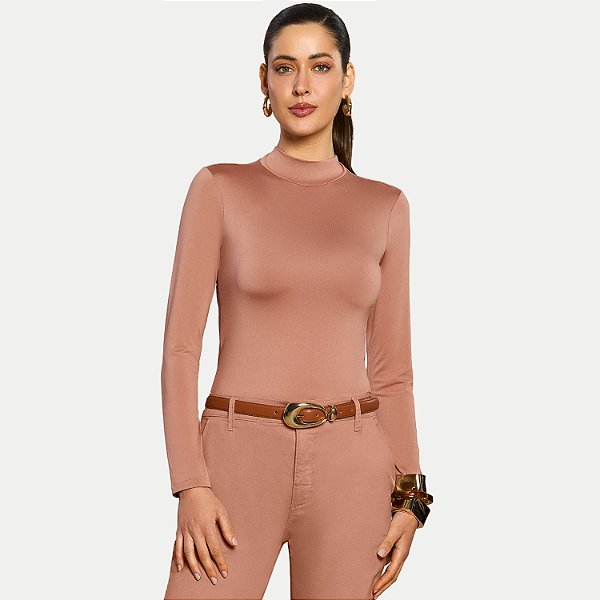 BLUSA DOCE TRAMA MANGA LONGA MALHA GOLA ALTA MARROM FEMININO ADULTO