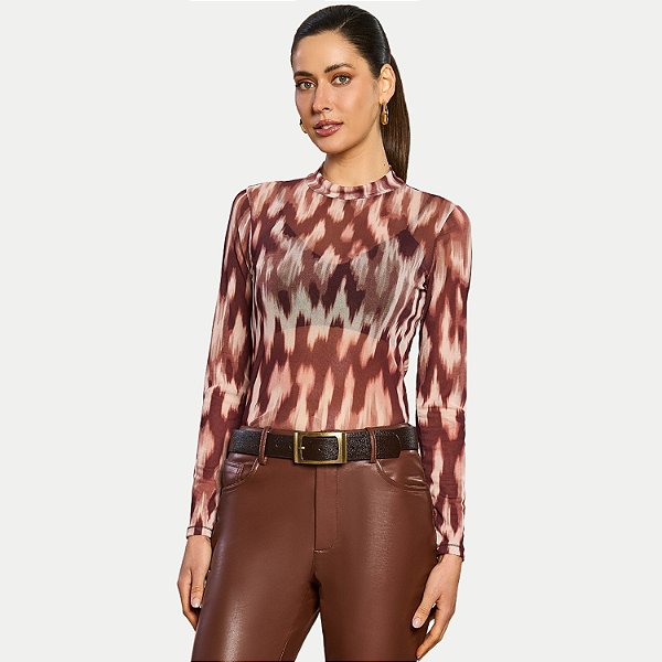 BLUSA DOCE TRAMA MANGA LONGA TULE ESTAMPADA BEGE FEMININO ADULTO