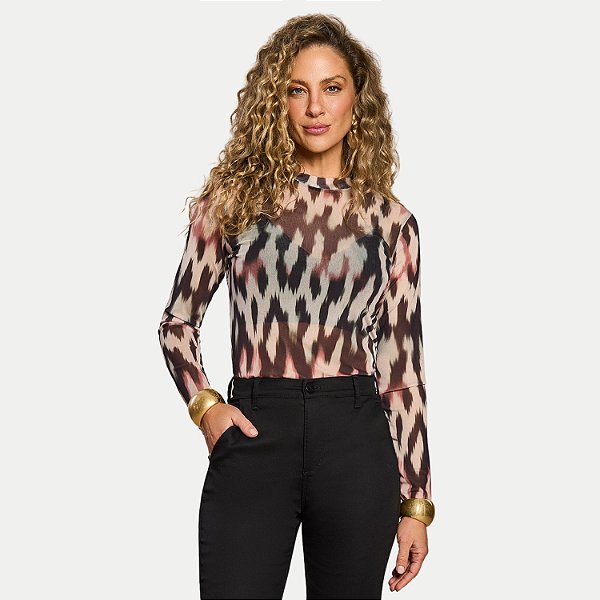 BLUSA DOCE TRAMA MANGA LONGA TULE ESTAMPADA PRETO FEMININO ADULTO