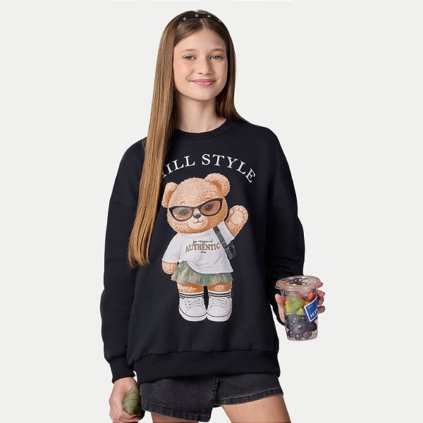 BLUSÃO LUNENDER HITS MOLETOM CARECA SILKADO PRETO FEMININO INFANTIL