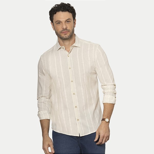 CAMISA PITT MANGA LONGA SLIM ALGODÃO BEGE LISTRADO MASCULINO ADULTO