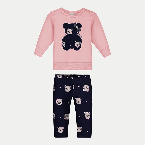 CONJUNTO INVERNO ALAKAZOO CALÇA E BLUSÃO CARECA MOLETOM ROSA FEMININO INFANTIL