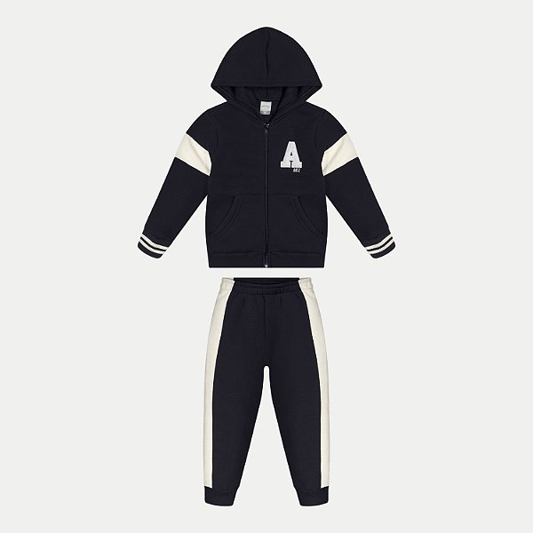 CONJUNTO INVERNO ALAKAZOO CALÇA E JAQUETA COM CAPUZ  MOLETOM PRETO MASCULINO INFANTIL