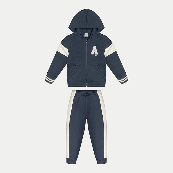 CONJUNTO INVERNO ALAKAZOO CALÇA E JAQUETA COM CAPUZ MOLETOM AZUL MARINHO MASCULINO INFANTIL
