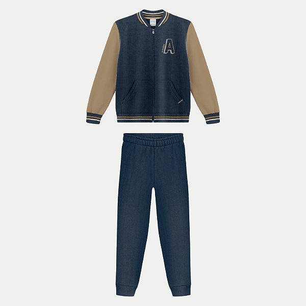 CONJUNTO INVERNO ALAKAZOO CALÇA E JAQUETA SEM CAPUZ MOLETOM AZUL MARINHO MASCULINO INFANTIL