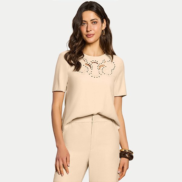 BLUSA DOCE TRAMA MANGA CURTA T-SHIRT ALGODÃO BORDADA BEGE FEMININO ADULTO