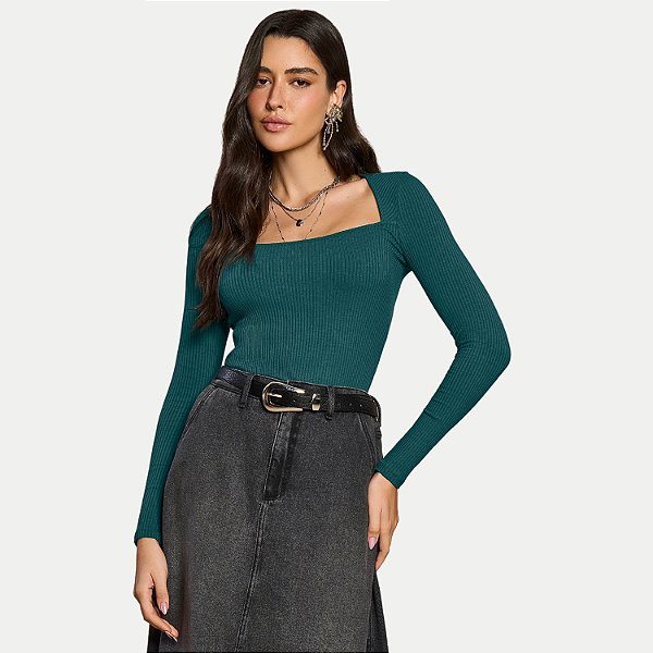 BLUSA DOCE TRAMA MANGA LONGA MALHA CANELADA PETROLEO FEMININO ADULTO