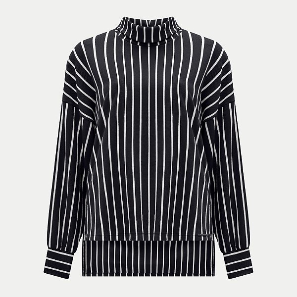 BLUSA LUNENDER MANGA LONGA  MALHA LISTRADA GOLA ALTA PRETO FEMININO ADULTO