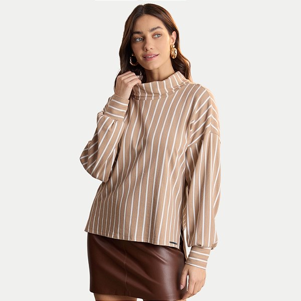 BLUSA LUNENDER MANGA LONGA MALHA LISTRADA GOLA ALTA BEGE FEMININO ADULTO