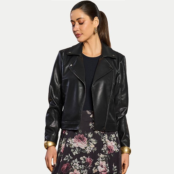 JAQUETA DOCE TRAMA POLIURETANO SEM CAPUZ PRETO FEMININO ADULTO