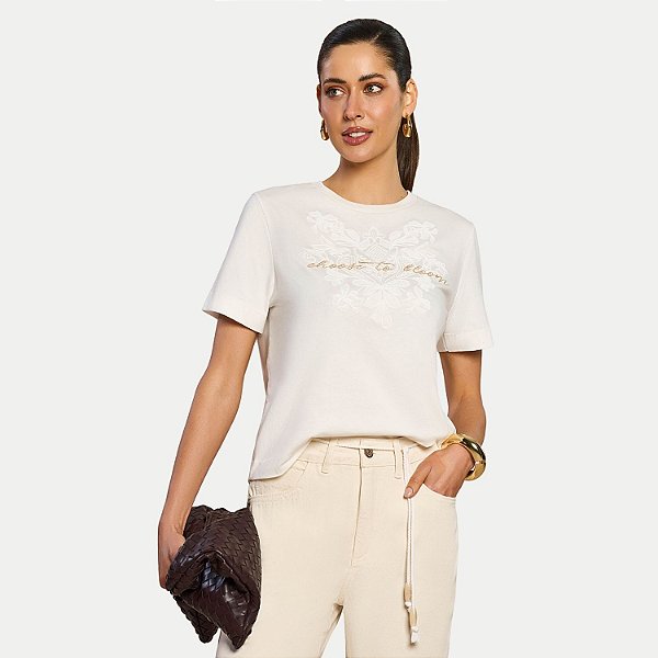 BLUSA DOCE TRAMA MANGA CURTA TSHIRT ALGODÃO SILKADA OFFWHITE FEMININA ADULTO