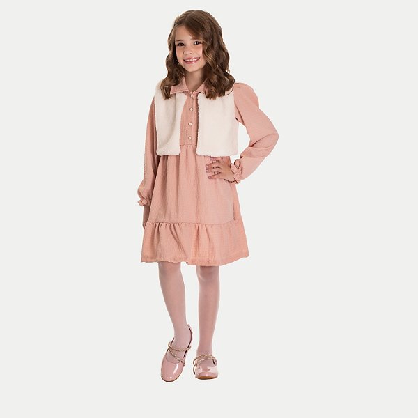 VESTIDO RANDA MUNDU MANGA LONGA MALHA COM COLETE ROSA FEMININO INFANTIL