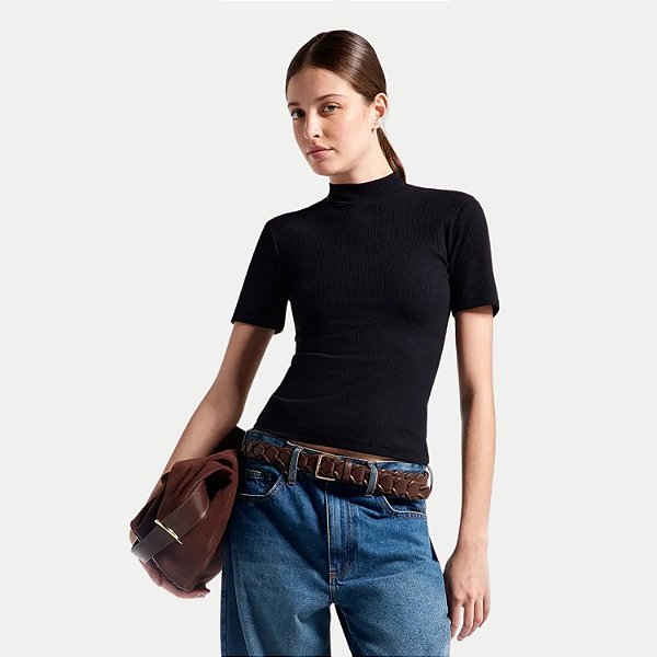 BLUSA HERING MANGA CURTA MALHA CANELADA PRETO FEMININO ADULTO