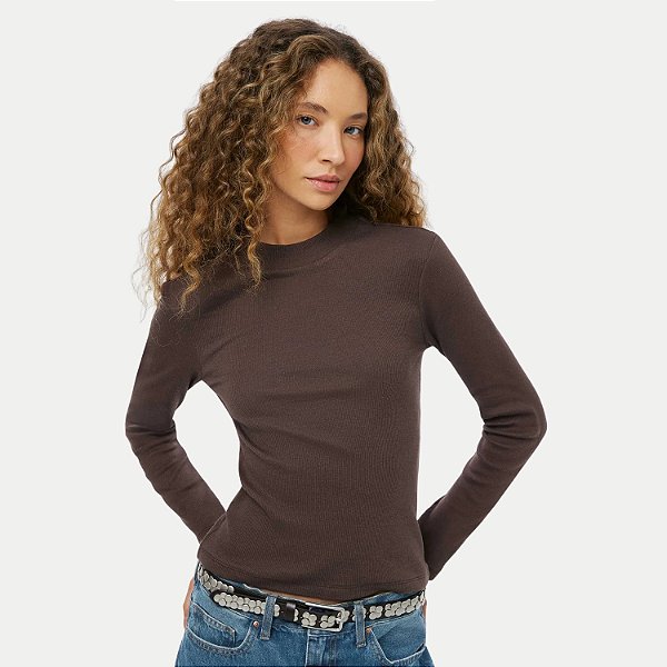 BLUSA HERING MANGA LONGA MALHA CANELADA GOLA MARROM FEMININO ADULTO