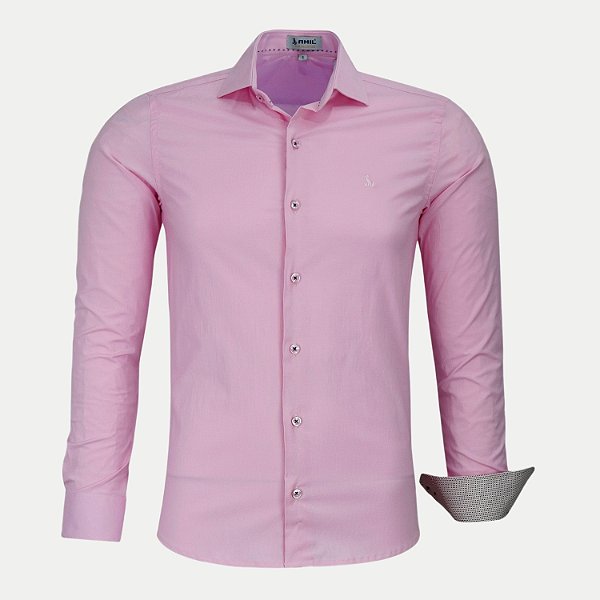 CAMISA AMIL MANGA LONGA SLIM COM ELASTANO SEM BOLSO ROSA CLARO MASCULINO ADULTO