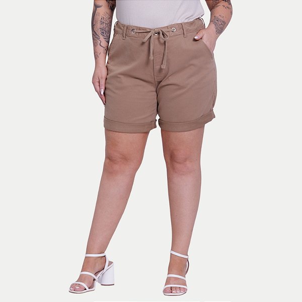 SHORT LUNENDER BRIM COM ELASTANO BÁSICO MARROM CLARO FEMININO ADULTO