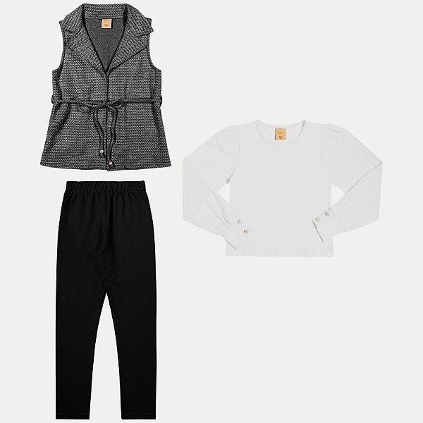 CONJUNTO INVERNO ANGERO CALÇA COM BLUSA MANGA LONGA E COLETE PRETO FEMININO INFANTIL