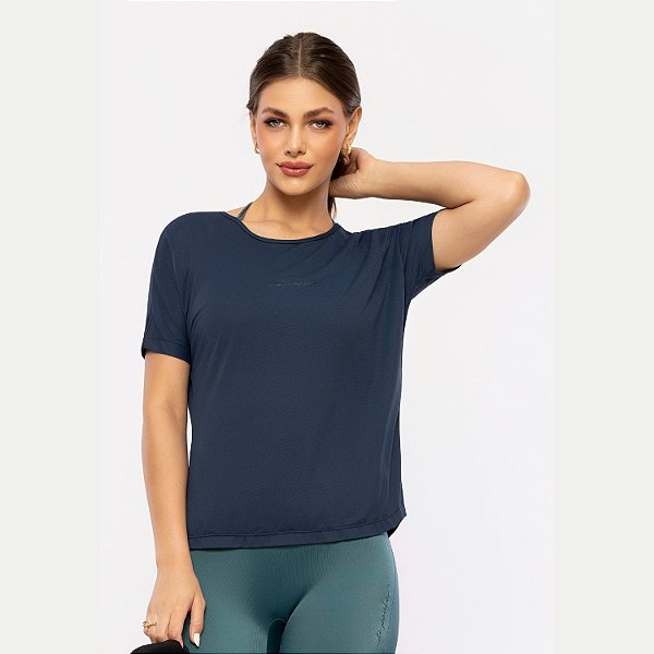 BLUSA DI PAULA MANGA CURTA POLIAMIDA FITNESS AZUL MARINHO FEMININO ADULTO