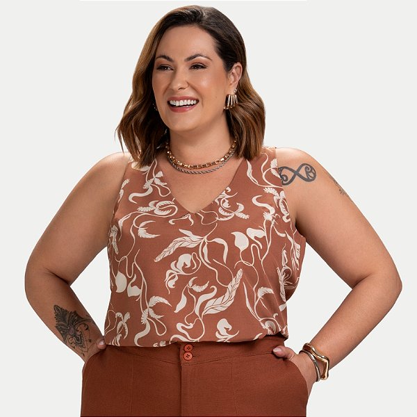 BLUSA KENIA CAMÕES REGATA POLIESTER ESTAMPADA MARROM FEMININO ADULTO