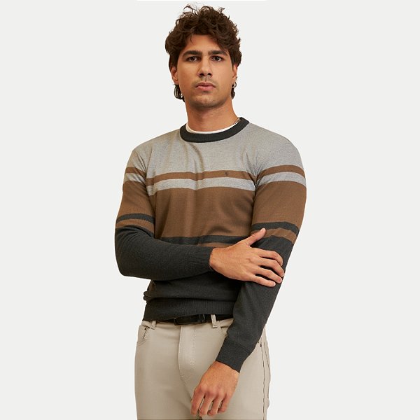 BLUSÃO YOUNG TRICÔ SUETER LISTRADO BEGE MASCULINO ADULTO