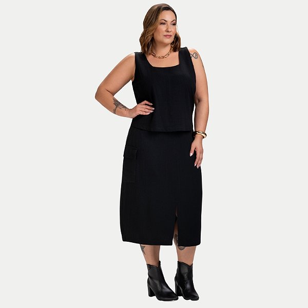 CONJUNTO VERÃO KENIA CAMÕES SAIA E BLUSA LINHO PRETO FEMININO ADULTO