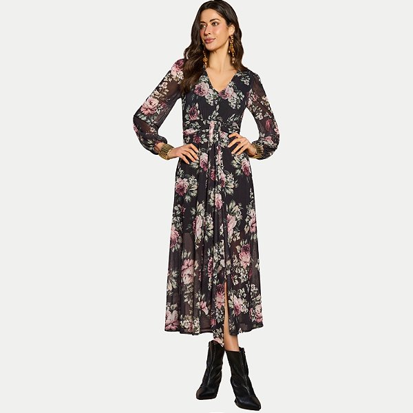 VESTIDO DOCE TRAMA MANGA LONGA TULE ESTAMPADA PRETO FEMININO ADULTO