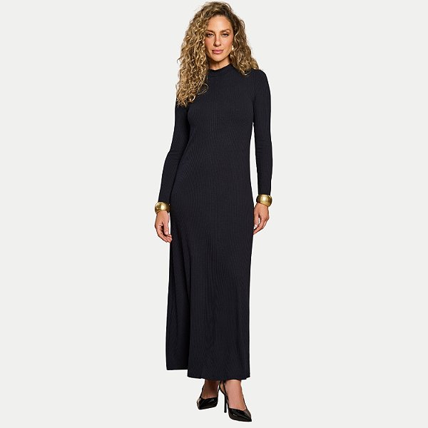 VESTIDO DOCE TRAMA MANGA LONGA MALHA CANELADA PRETO FEMININO ADULTO