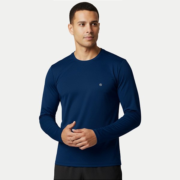 CAMISETA VOLEIO MANGA LONGA FITNESS LISA PROTEÇÂO UV AZUL MARINHO MASCULINO ADULTO