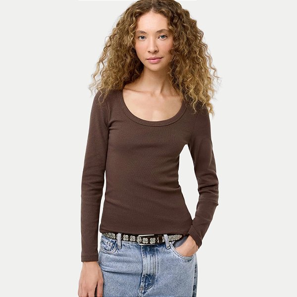BLUSA HERING MANGA LONGA MALHA CANELADA MARROM FEMININO ADULTO