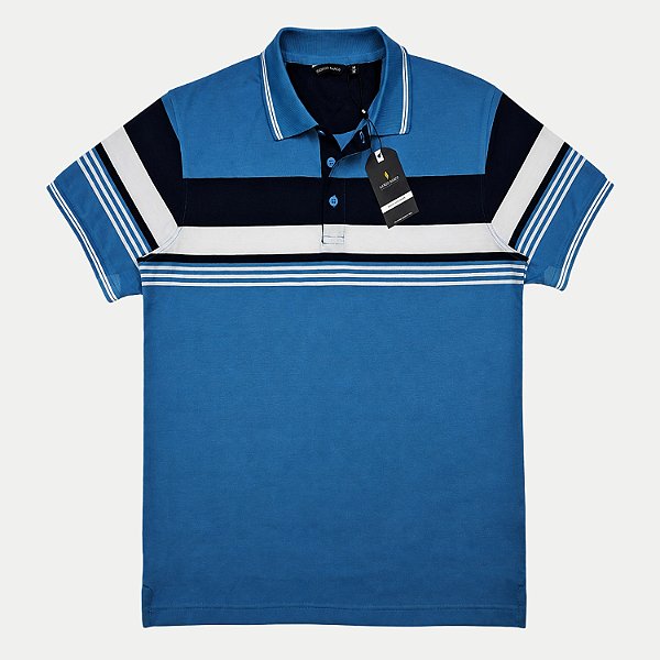 POLO GIORGIO BIANCO MANGA CURTA COMFORT MISTA LISTRADA AZUL ROYAL MASCULINO ADULTO