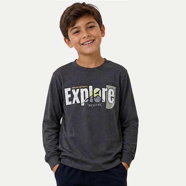 CAMISETA BY GUS MANGA LONGA COMFORT ALGODÃO SILKADO CHUMBO MASCULINO INFANTIL