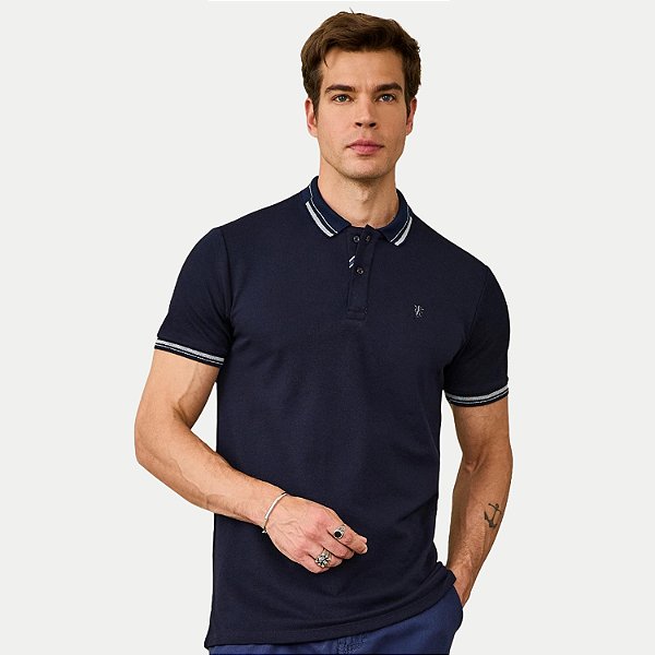 POLO PACO MANGA CURTA SLIM PIQUET AZUL MARINHO MASCULINO ADULTO
