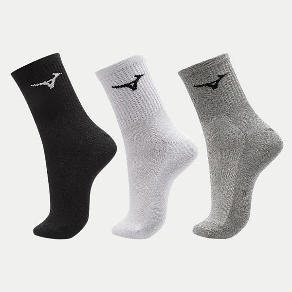 MEIA MIZUNO SOQUETE CANO MÉDIO KIT COM 3 MEIAS PRETO,BRANCO E CINZA UNISEX ADULTO