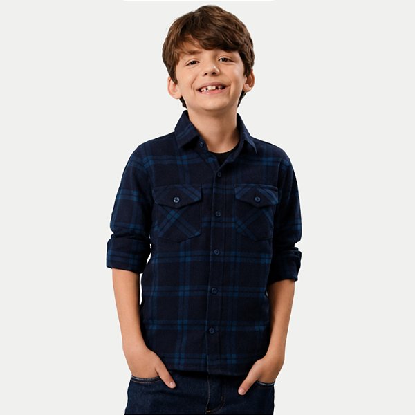 CAMISA ALFA MANGA LONGA COMFORT FLANELADA XADREZ AZUL MARINHO MASCULINO INFANTIL