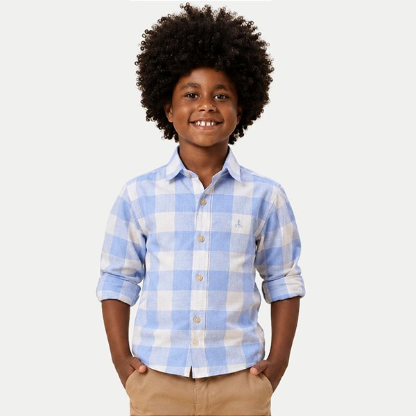 CAMISA ALFA MANGA LONGA COMFORT ALGODÃO XADREZ AZUL PASTEL MASCULINO INFANTIL