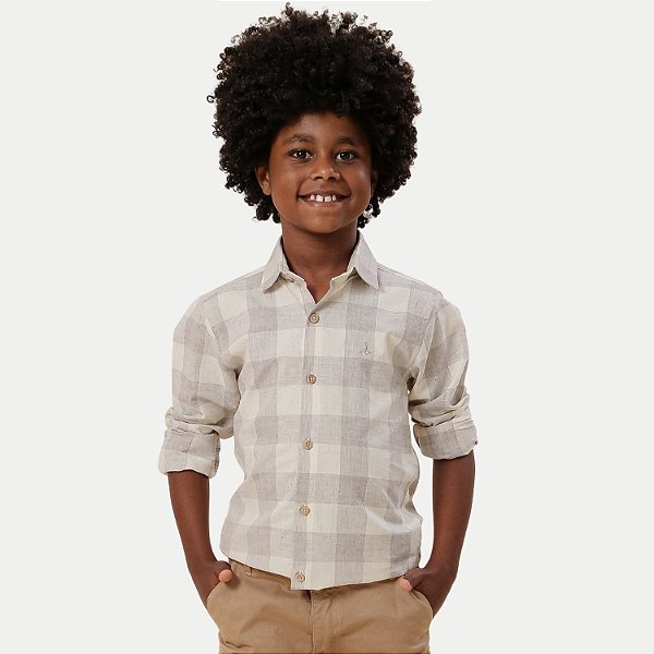 CAMISA ALFA MANGA LONGA COMFORT ALGODÃO XADREZ CINZA MASCULINO INFANTIL