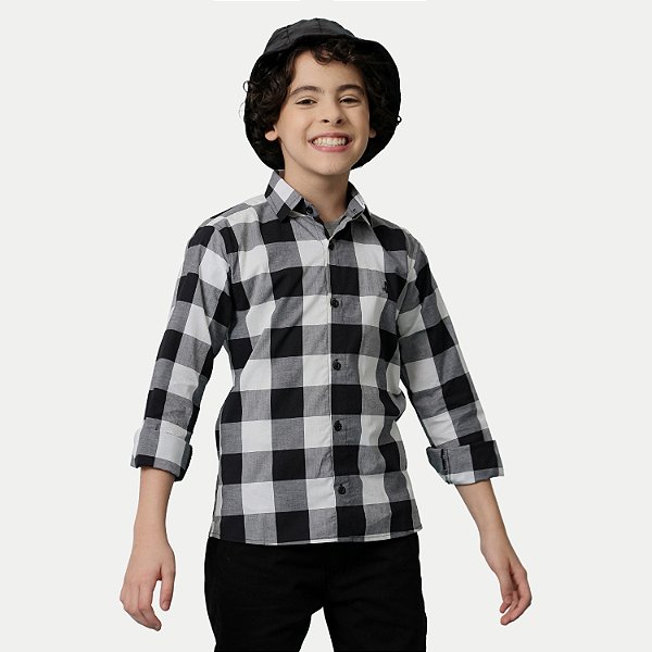 CAMISA ALFA MANGA LONGA COMFORT ALGODÃO XADREZ CHUMBO MASCULINO INFANTIL