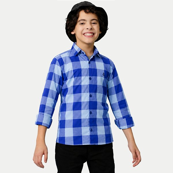 CAMISA ALFA MANGA LONGA COMFORT ALGODÃO XADREZ AZUL ROYAL MASCULINO INFANTIL