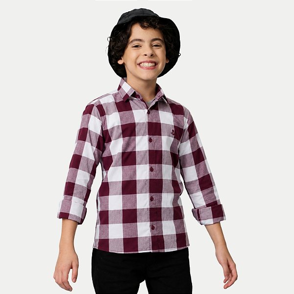 CAMISA ALFA MANGA LONGA COMFORT ALGODÃO XADREZ VINHO MASCULINO INFANTIL