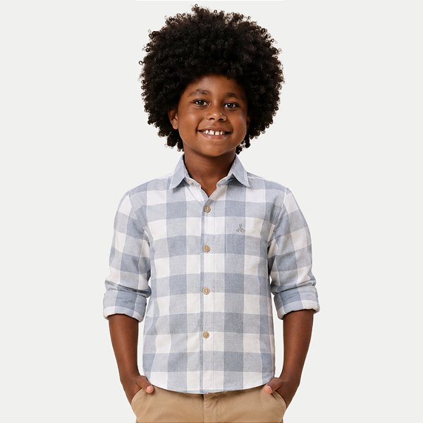 CAMISA ALFA MANGA LONGA COMFORT ALGODÃO XADREZ BEGE MASCULINO INFANTIL