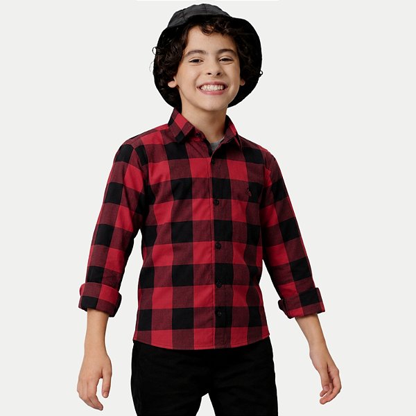 CAMISA ALFA MANGA LONGA COMFORT ALGODÃO XADREZ VERMELHO MASCULINO INFANTIL