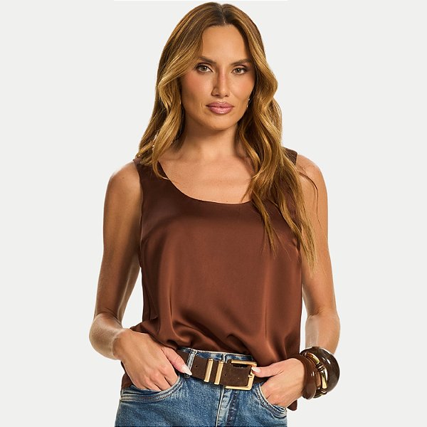 BLUSA DOCE TRAMA REGATA CETIM CAFÉ FEMININO ADULTO