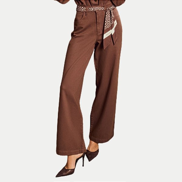 CALÇA OGNUS BRIM COM ELASTANO WIDE LEG MARROM FEMININO ADULTO