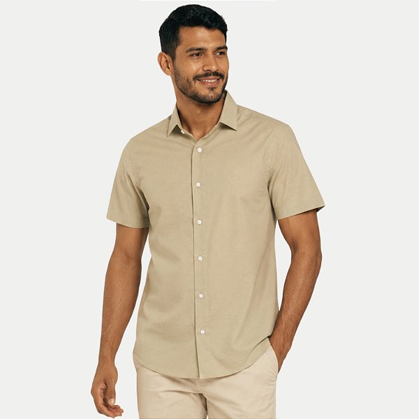 CAMISA AMIL MANGA CURTA COMFORT ALGODÃO SEM BOLSO BEGE MASCULINO ADULTO